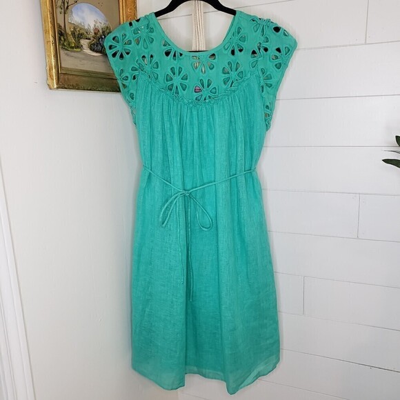 Maternal America Green Linen Cap Sleeve Crochet Eyelet Maternity Dress L - Picture 1 of 5